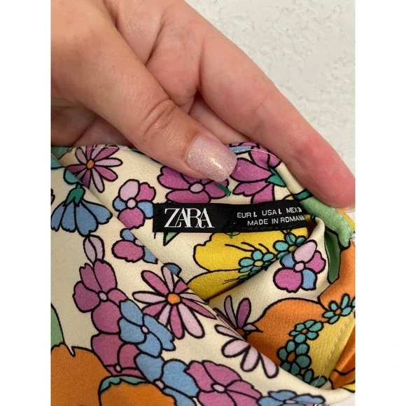 Zara Floral Print Crop Top Sleeveless Tie Back Colorful Summer Retro Size L - Picture 3 of 6
